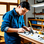 A skilled model builder, wearing modest, comfortable workshop attire, is intently focused on a partially assembled historical model kit on a clean workbench. One hand delicately holds a small modeling tool, while the other gently indicates a subtle detail or a minor correction in progress, illustrating the learning process. The builder has a genuine, thoughtful expression. The background reveals a well-organized, brightly lit hobby workshop with various model parts, paints, and tools neatly arranged. A simple, professional camera setup or tripod is subtly visible, hinting at content creation. Professional photography, high detail, natural lighting, perfect anatomy, correct proportions, natural pose, well-formed hands, proper finger count, safe for work, appropriate content, fully clothed, professional.